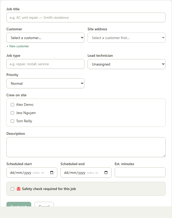 Screenshot of the create a job and assign your crew screen in SJMS