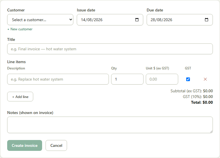 Creating a tax invoice in SJMS with GST and BAS tracking