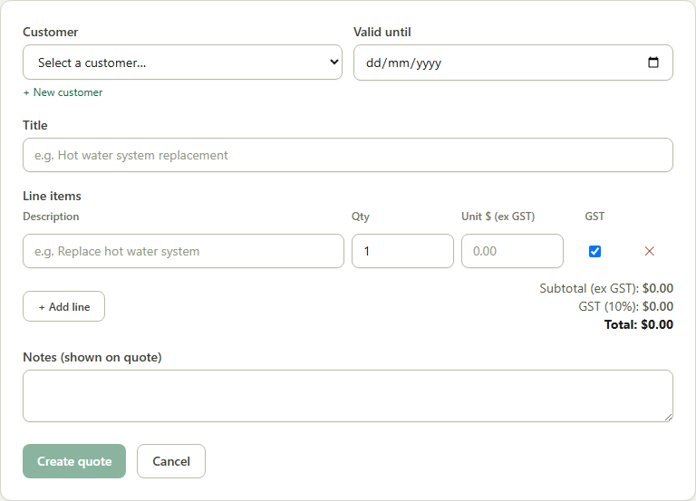 Creating a quote in SJMS with GST-calculated line items
