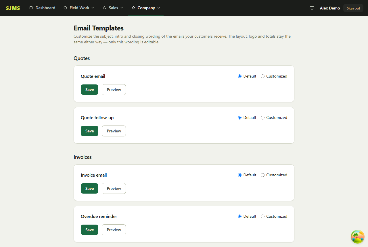 Screenshot of the customize your email templates screen in SJMS