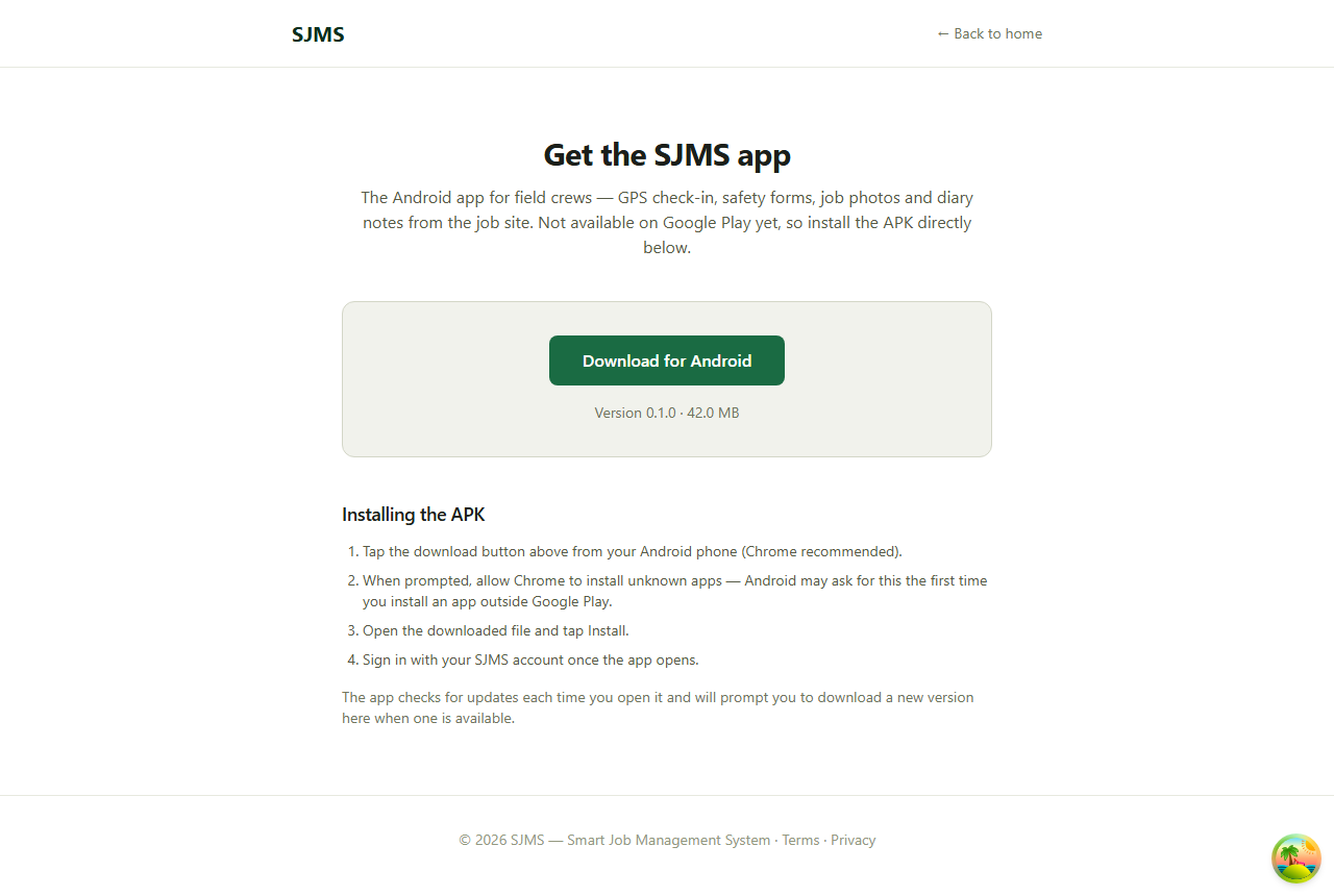 Screenshot of the install the sjms android app screen in SJMS