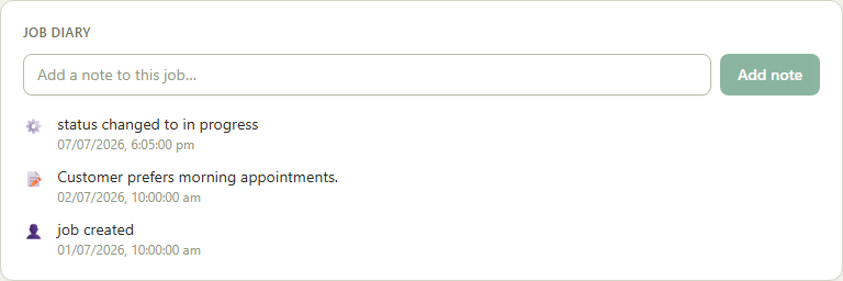 Screenshot of the add notes, photos and files to a job screen in SJMS