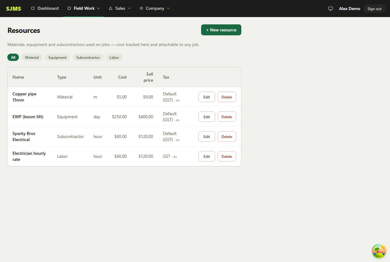 Screenshot of the manage your resources and labor catalog screen in SJMS