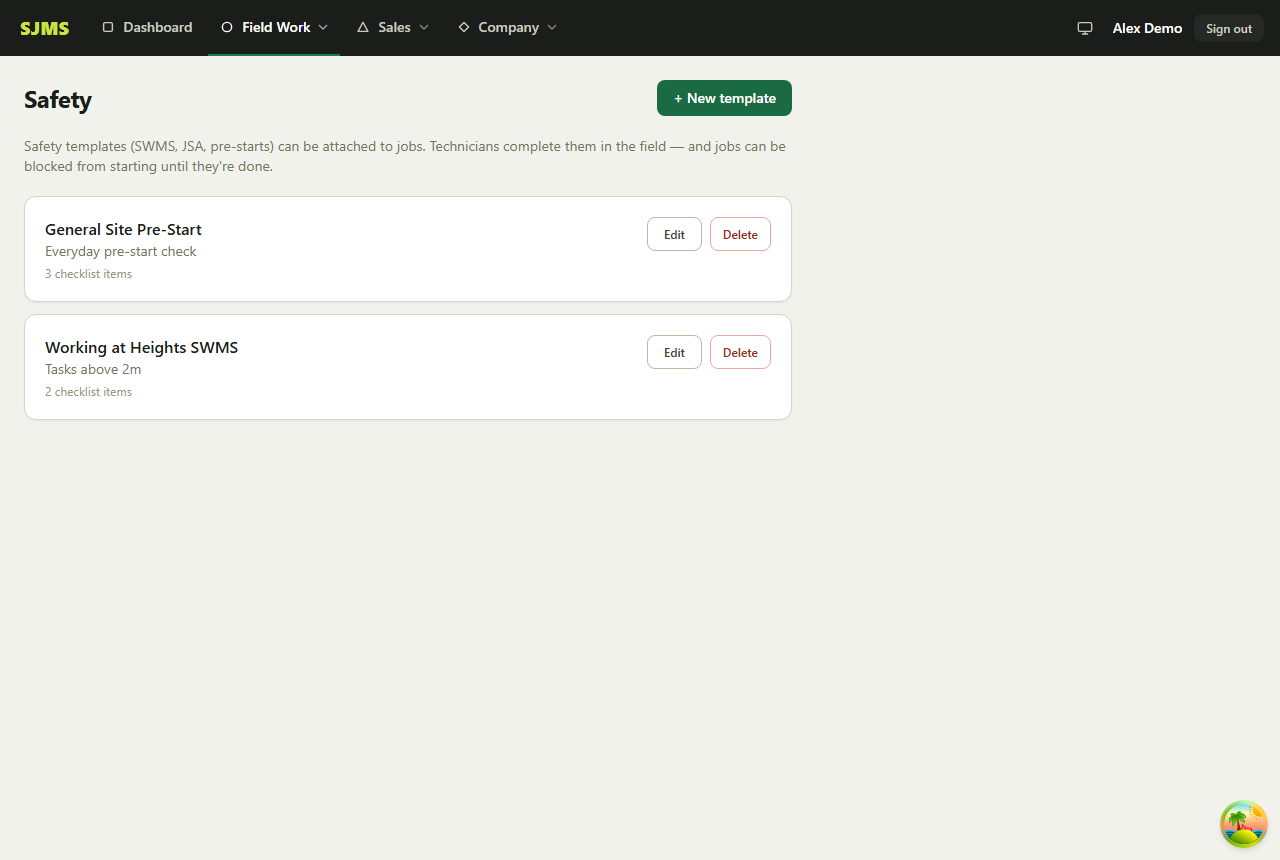 Screenshot of the set up safety compliance for a job screen in SJMS