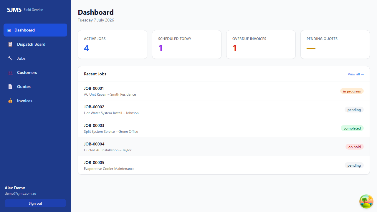 SJMS dashboard showing active jobs, revenue and overdue invoices